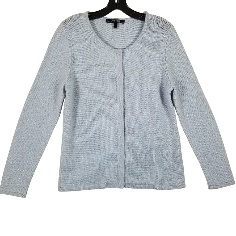 Lafayette 148 New York Womens Cashmere Metallic Shimmer Cardigan Blue Size M